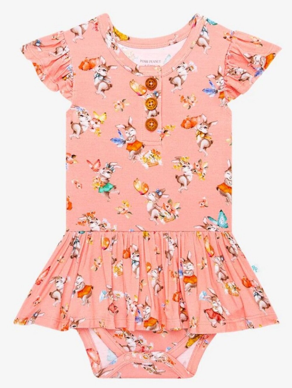 Posh Peanut "Betty" Bunny Ruffled Capsleeve Henley Twirl Bodysuit Bamboo Size 6M